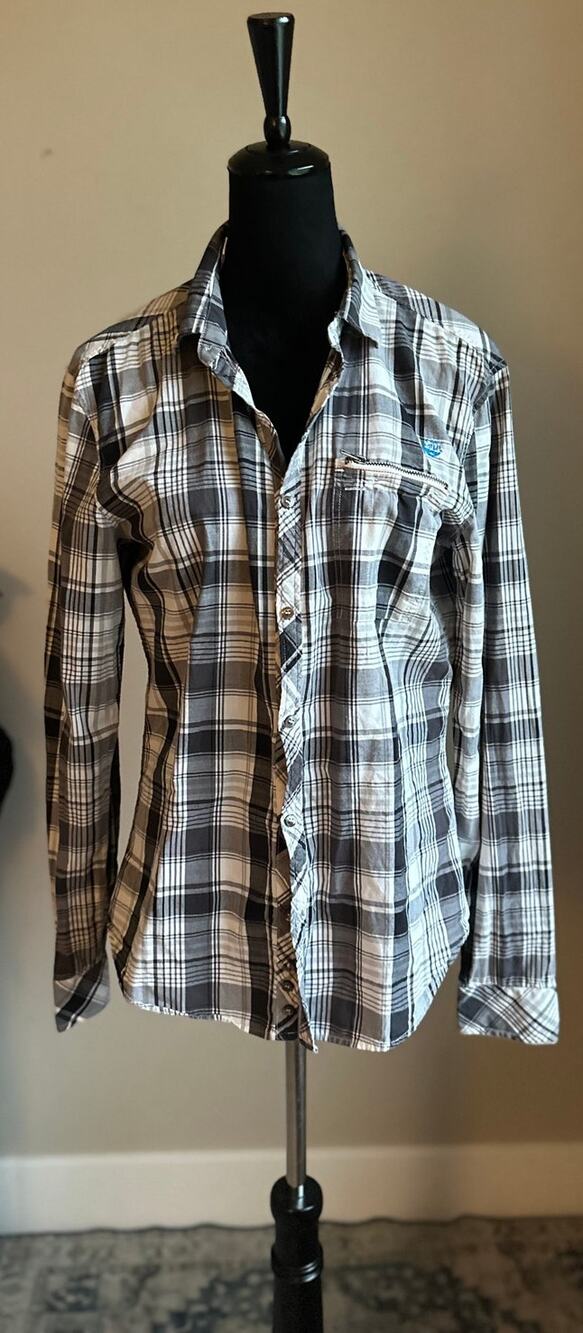DIESEL White Grey Plaid Zip Pocket Logo Button Down Shirt Size L